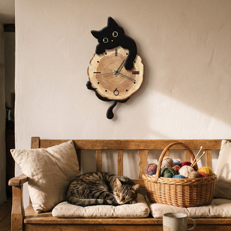 Horloge Murale Chat Bois