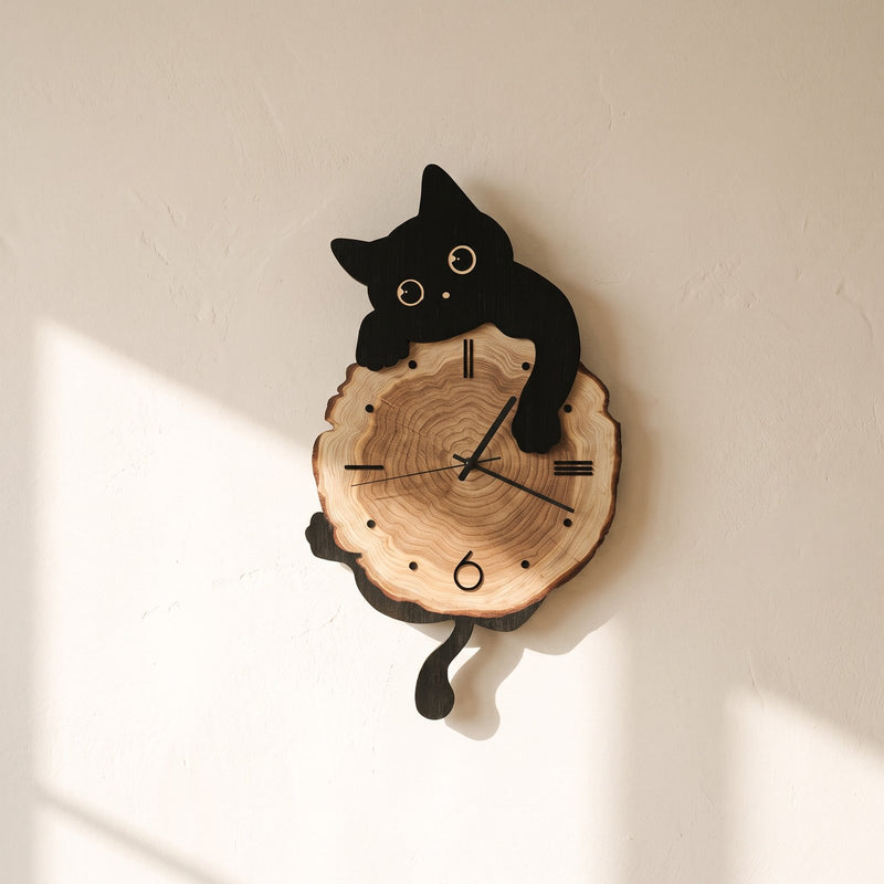 Horloge Murale Chat Bois