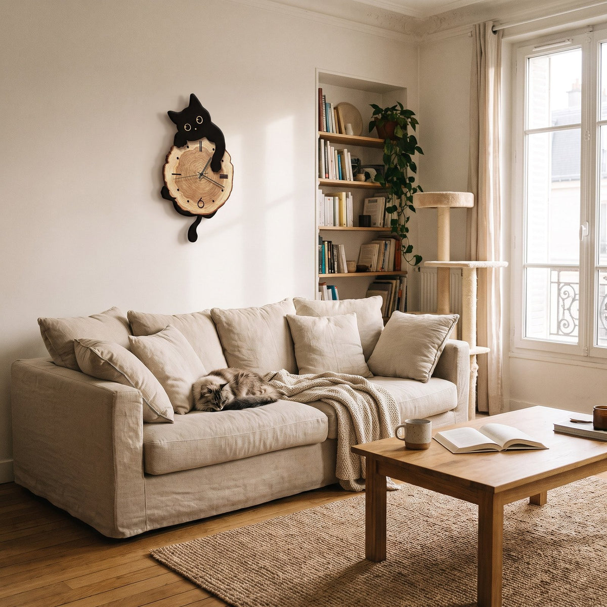 Horloge Murale Chat Bois – mise en situation