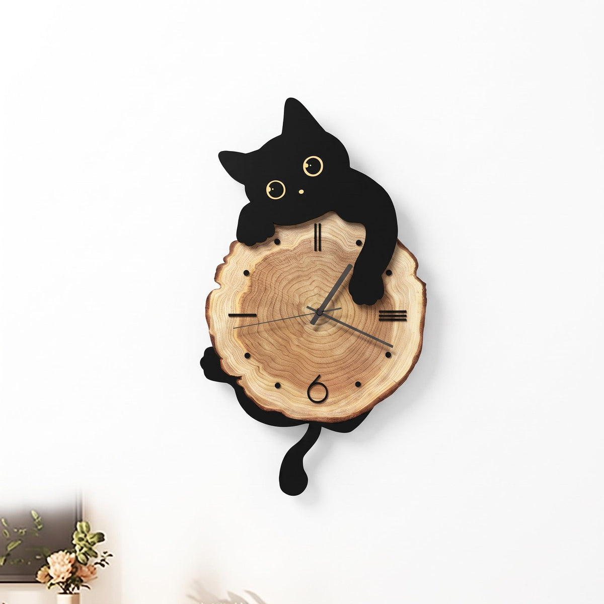 Horloge Murale Chat Bois Noir – fond blanc