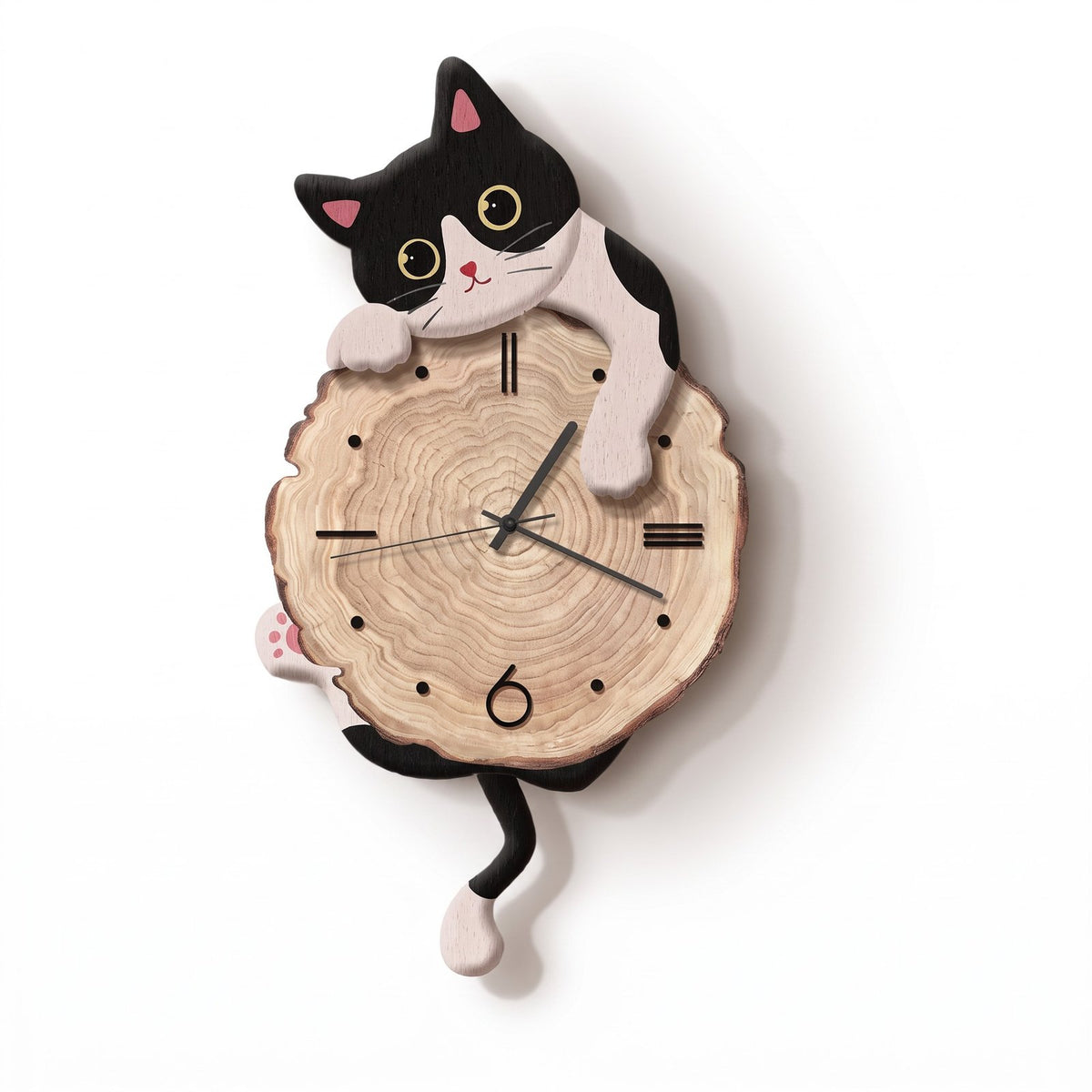 Horloge Murale Chat Bois Noir et blanc – fond blanc