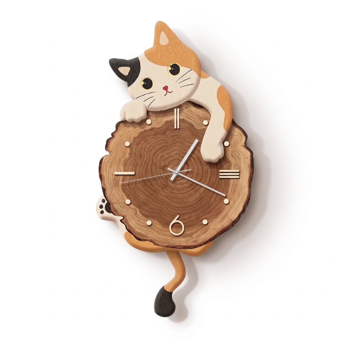 Horloge Murale Chat Bois Tricolore – fond blanc