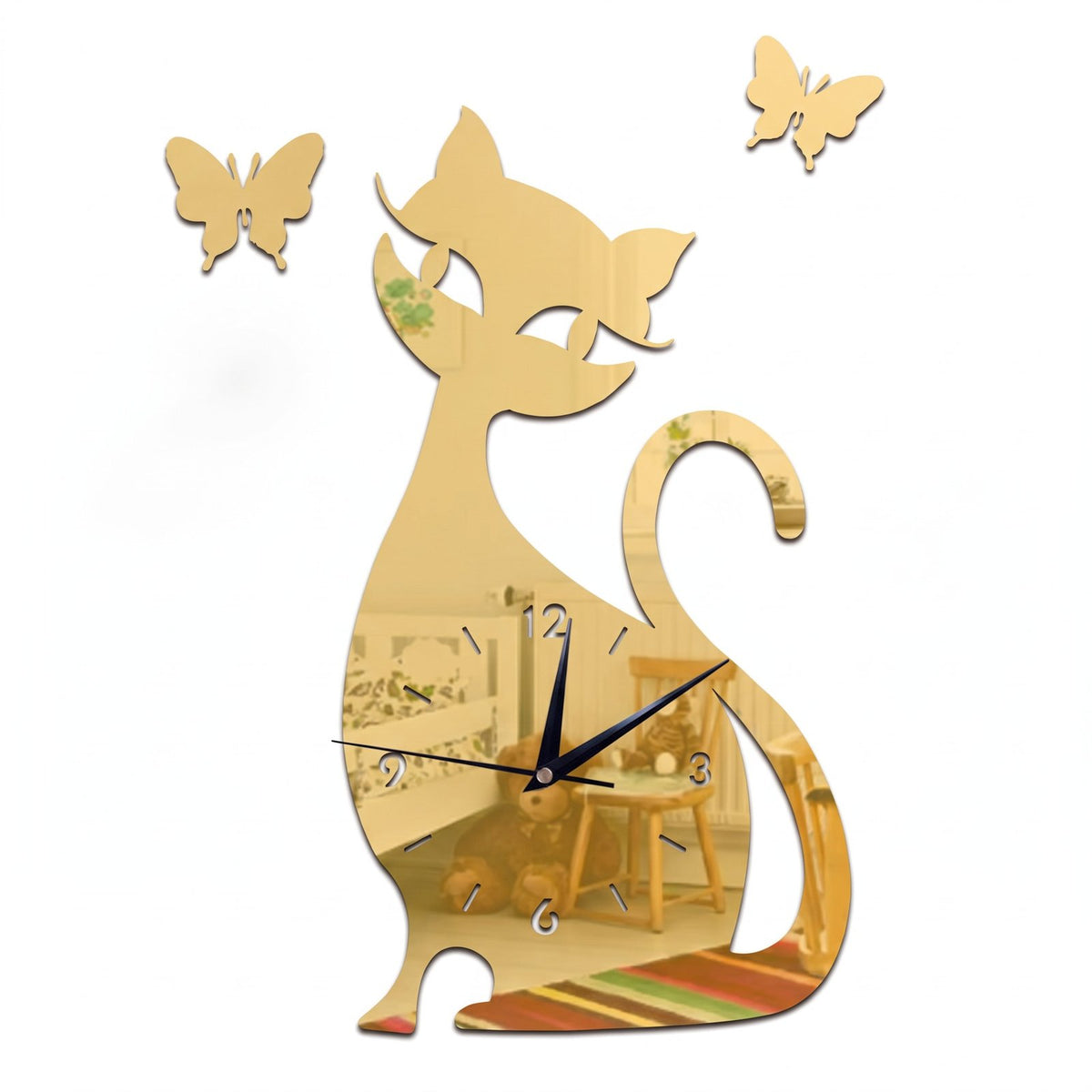 Horloge Murale Silhouette Chat Or – fond blanc